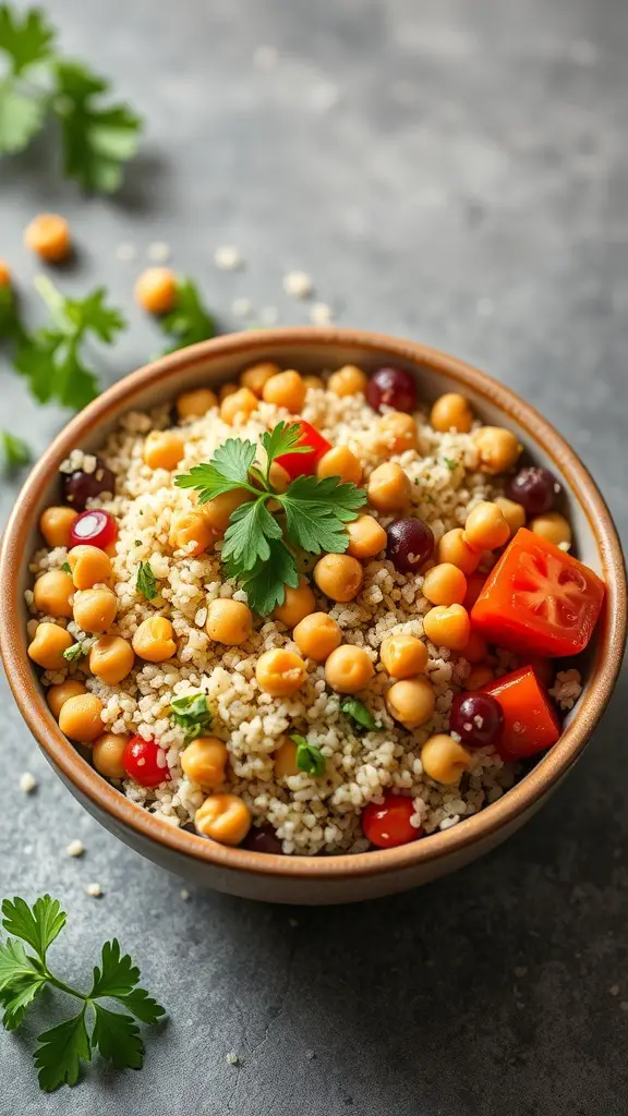 A bowl of herbed quinoa and chickpeas with cherry tomatoes and bell peppers, garnished with parsley.