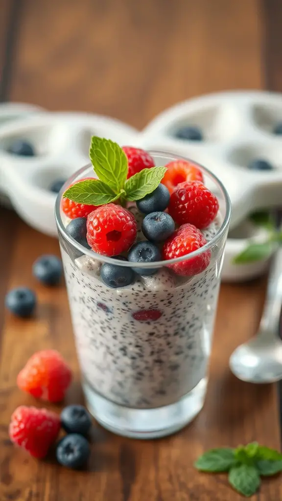 A glass of chia seed pudding topped with fresh blueberries and raspberries, garnished with a mint leaf.