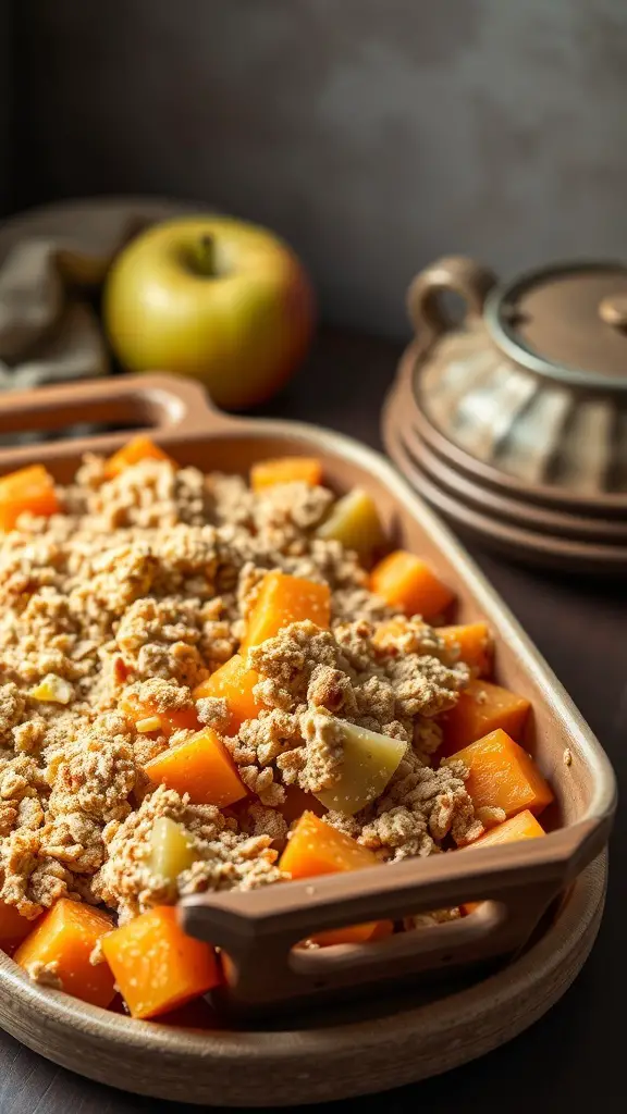 A delicious sweet potato and apple casserole topped with a crumbly mixture, served in a baking dish.