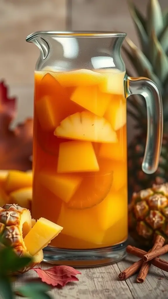 A glass pitcher filled with tropical fruit punch, featuring chunks of pineapple and a warm fall vibe.