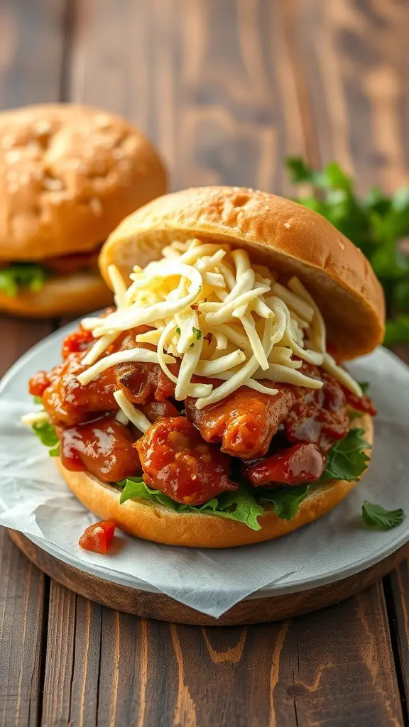 BBQ chicken sandwich with coleslaw on a wooden table