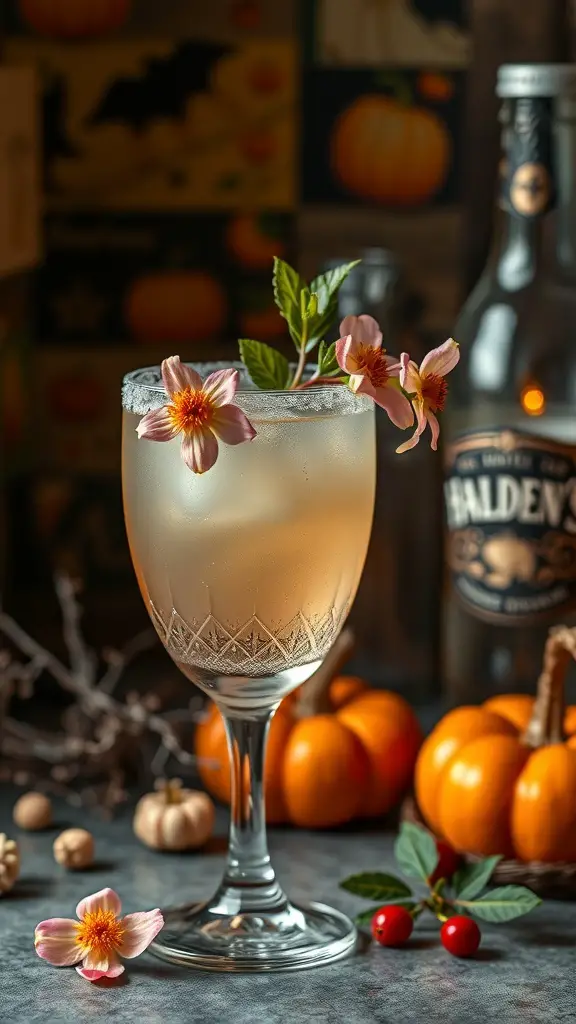 A glass of Eerie Elderflower Elixir with flowers, pumpkins, and Halloween decorations in the background.