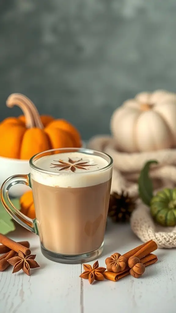 A cozy pumpkin chai latte with spices and pumpkins in the background.