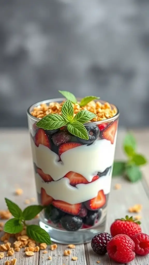 A delicious berry and yogurt parfait with layers of yogurt, fresh berries, and granola, garnished with mint leaves.