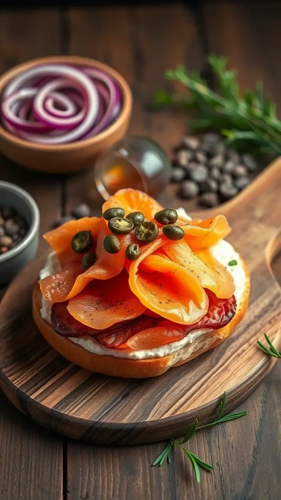 A smoked salmon and cream cheese bagel topped with capers and red onions on a wooden board.