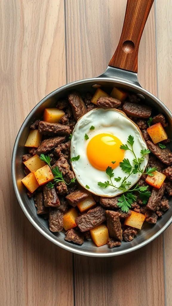 A skillet filled with beef, potatoes, and a sunny-side-up egg