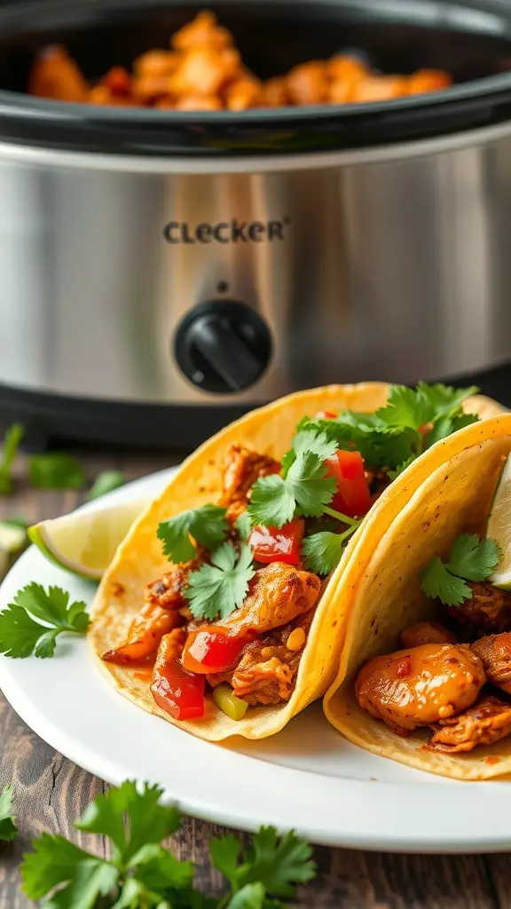 Two spicy BBQ chicken tacos on a plate with cilantro and lime