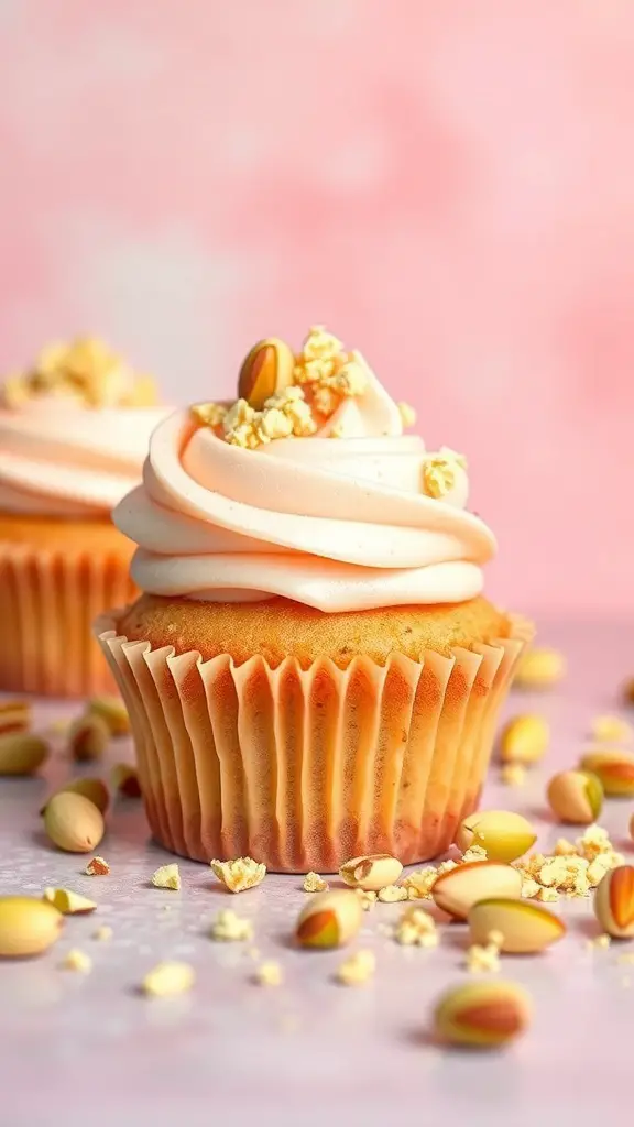 Rosewater and Pistachio Cupcakes with pink frosting and crushed pistachios on top