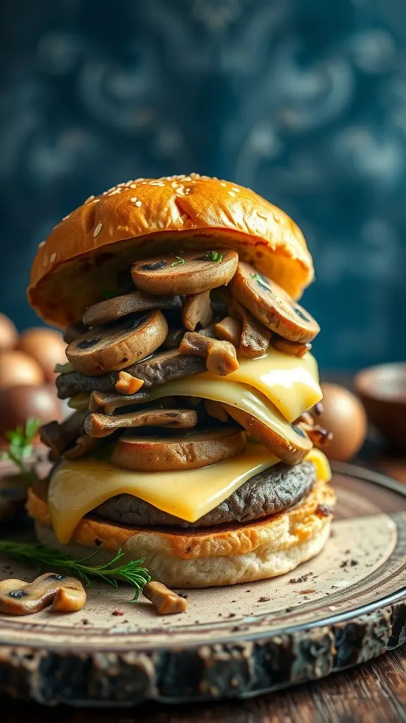 A delicious Mushroom Swiss Burger stacked high with sautéed mushrooms and melted Swiss cheese on a sesame seed bun.