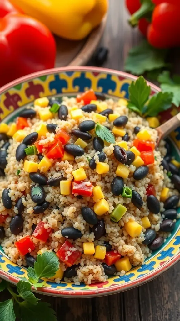 A colorful quinoa salad with black beans, corn, and diced bell peppers in a decorative bowl.