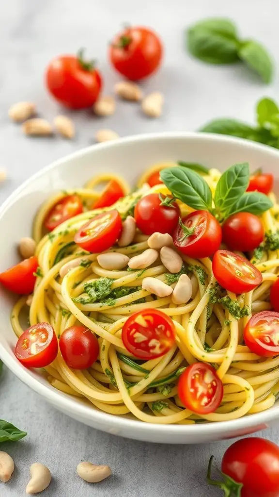 A bowl of zucchini noodles with pesto, topped with cherry tomatoes and cashews.