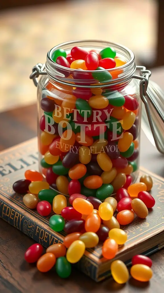 A jar of Bertie Bott's Every Flavor Jelly Beans with colorful jelly beans scattered around.