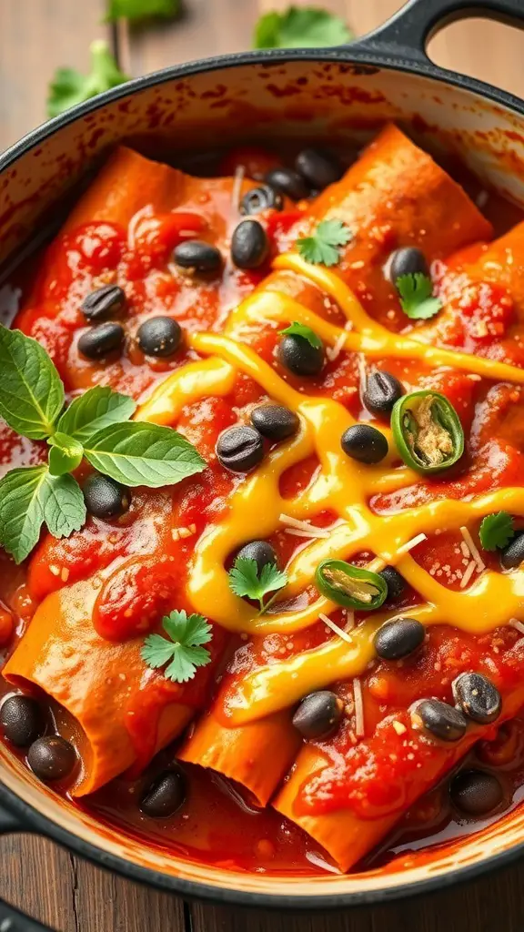 A close-up of sweet potato and black bean enchiladas topped with cheese and herbs in a Dutch oven.