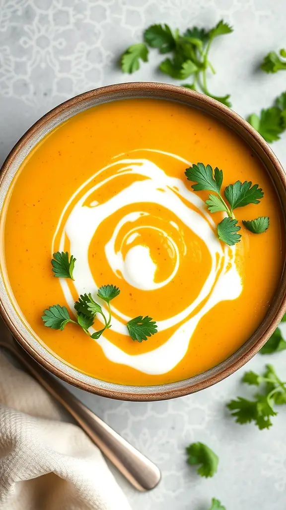 A bowl of Coconut Curry Butternut Squash Soup garnished with cilantro and a swirl of cream.