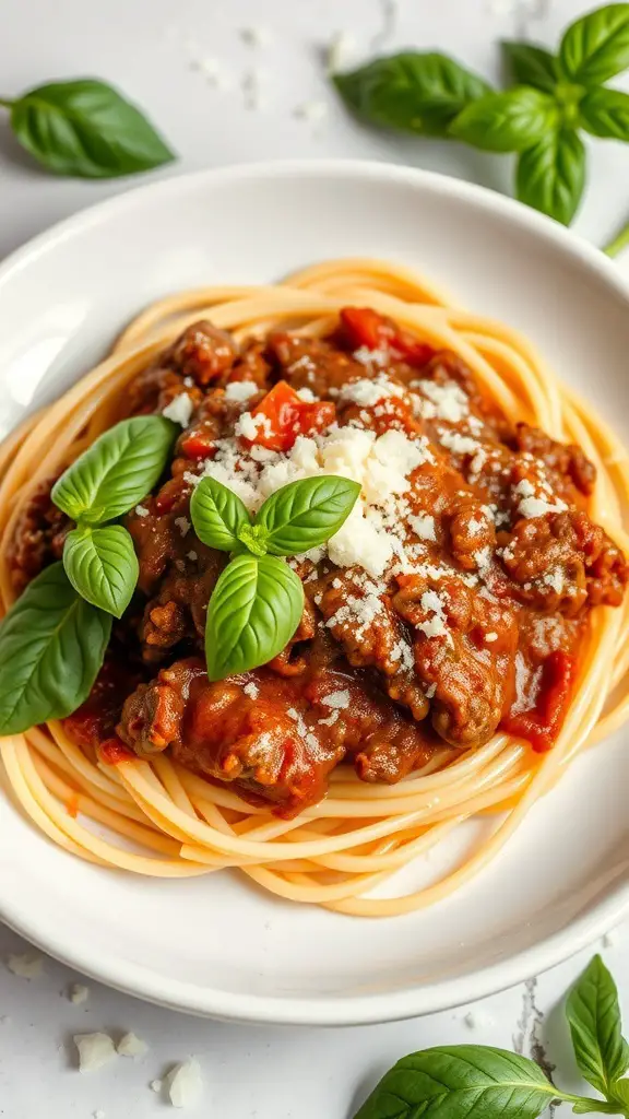 A plate of spaghetti topped with meat sauce and fresh basil leaves.
