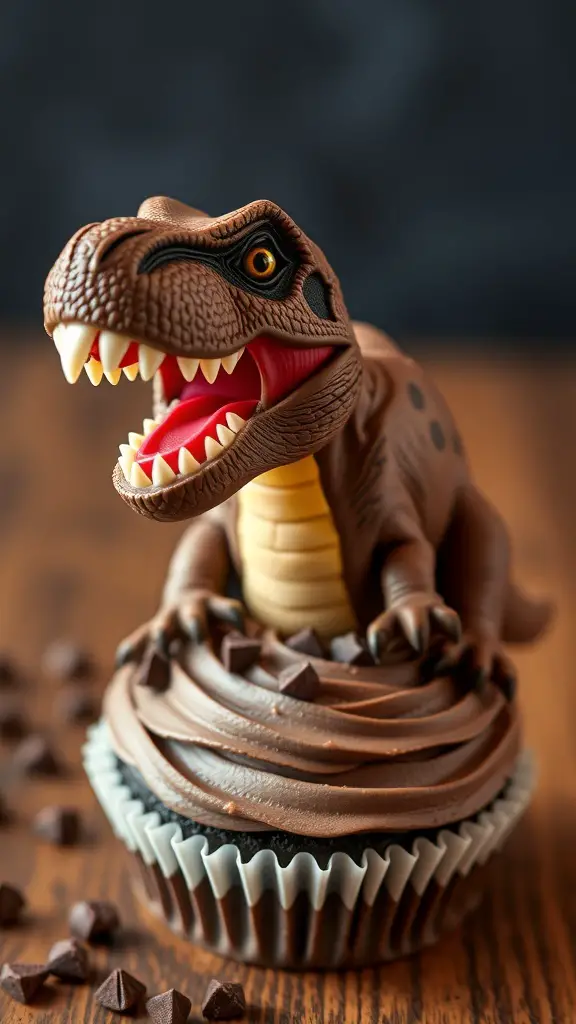 A chocolate cupcake topped with a T-Rex figure, surrounded by chocolate chips.