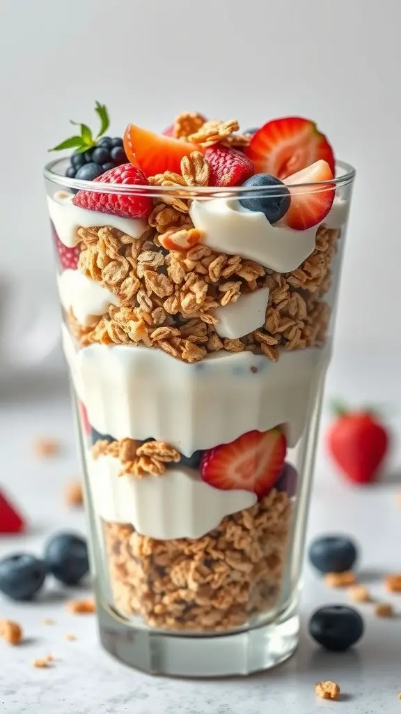 A delicious Greek yogurt parfait layered with granola, fresh berries, and nuts in a clear glass.