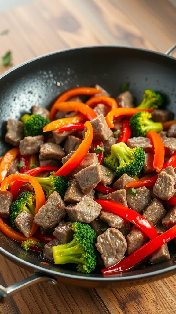 A colorful beef and vegetable stir-fry in a pan, featuring chunks of beef, red and yellow bell peppers, and broccoli.
