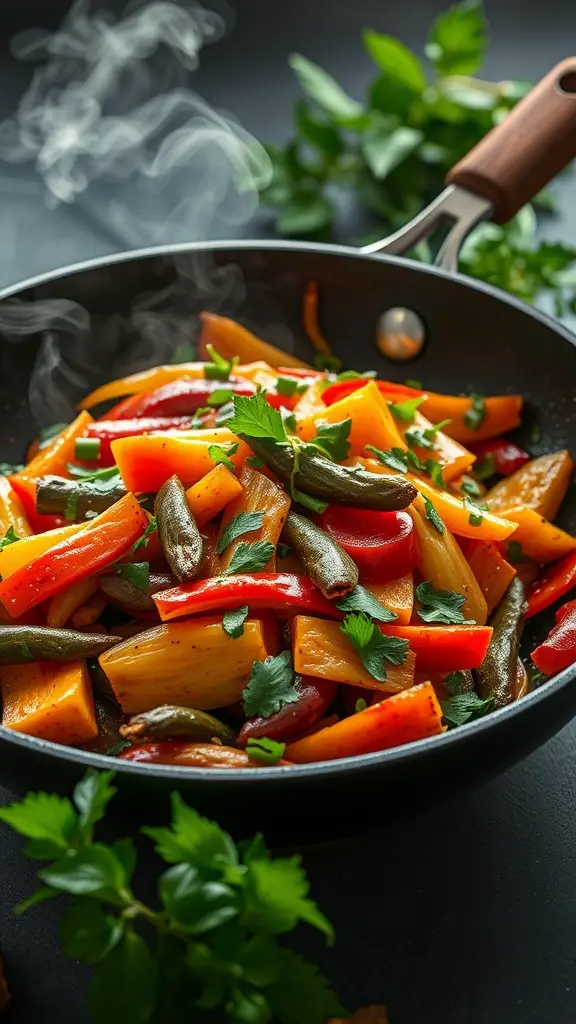 A colorful vegetable stir-fry with bell peppers, green beans, and herbs in a frying pan.