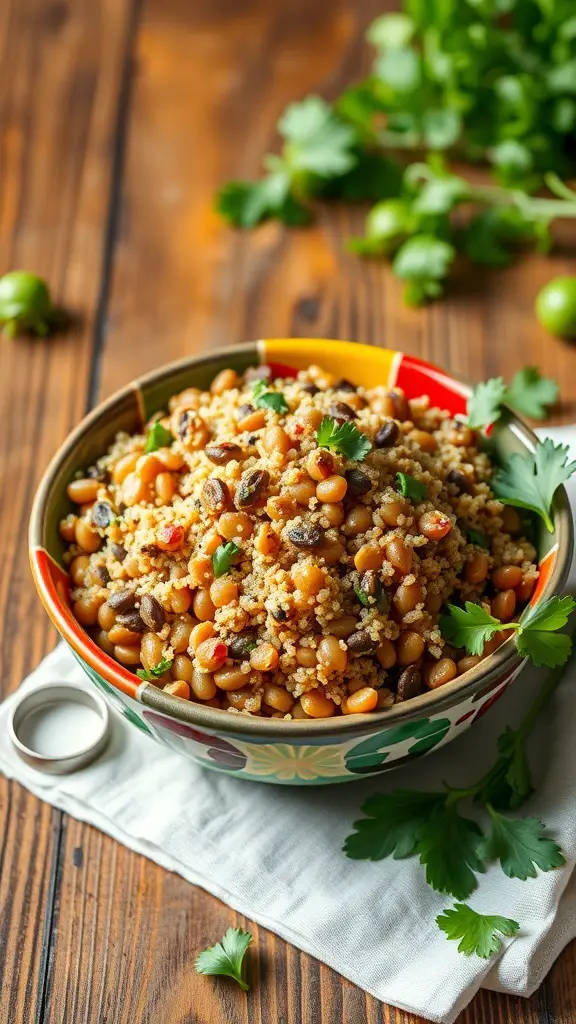 A colorful bowl of lentil and quinoa medley with fresh herbs on a wooden table.