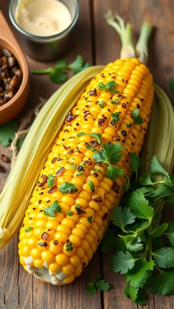 Grilled corn topped with caviar and garnished with cilantro on a wooden table.