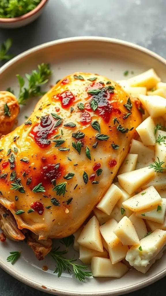 Garlic herb roasted chicken served with garlic mashed potatoes on a plate.