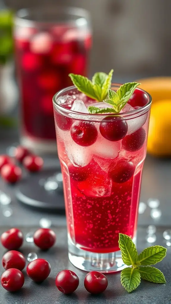 A refreshing nonalcoholic cranberry fizz drink with ice, fresh cranberries, and mint leaves.