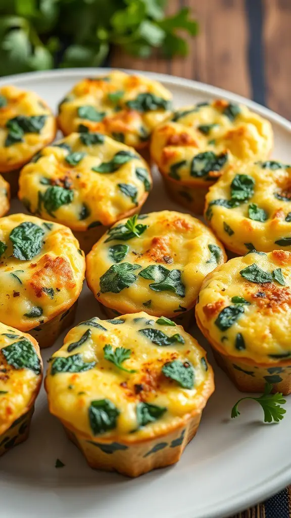 A plate of egg and spinach breakfast muffins, golden and fluffy, garnished with fresh herbs.