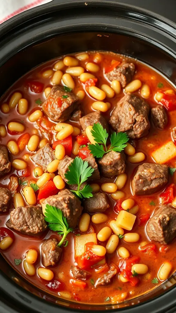 A close-up of Italian Beef and Barley Stew in a crockpot, featuring beef chunks, white beans, and red peppers.