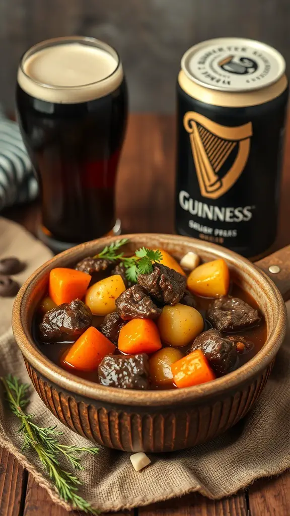 A bowl of Guinness Beef Stew with vegetables and a glass of Guinness beer