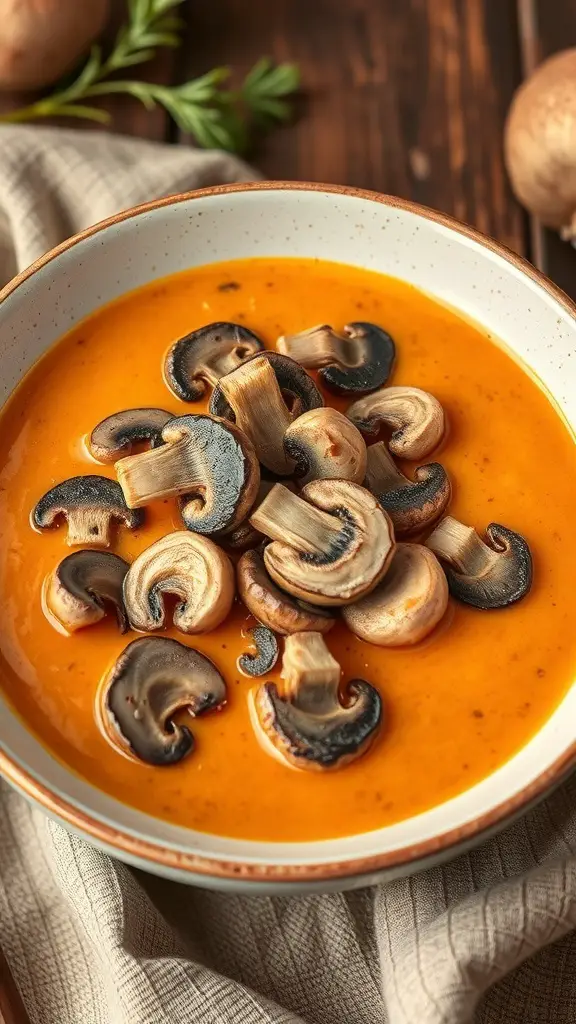 A bowl of creamy sweet potato and mushroom soup topped with sautéed mushrooms.
