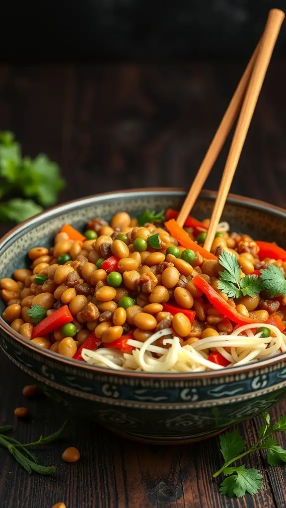 A bowl of lentil and vegetable stir-fry with noodles, topped with fresh herbs.