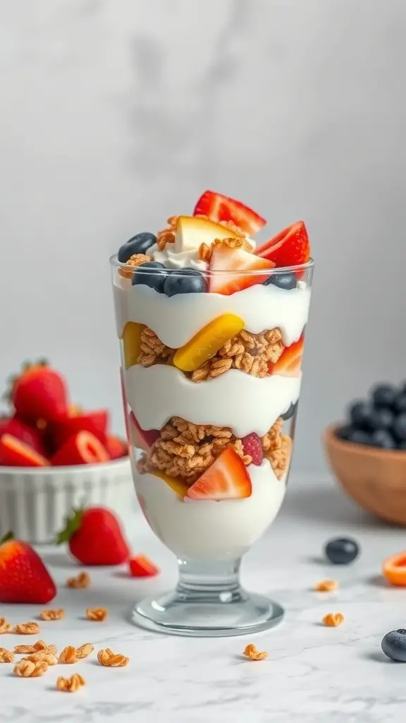 A delicious coconut yogurt parfait with layers of fruit and granola in a glass.