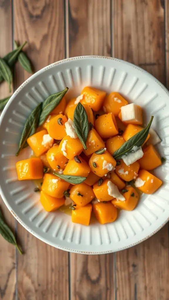 A plate of sweet potato gnocchi topped with sage leaves and cheese, served on a wooden table.
