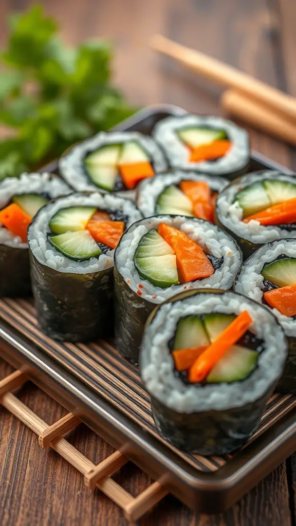 A plate of sushi rolls filled with cucumber and carrot, garnished with fresh herbs.