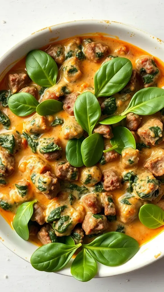 A creamy beef and spinach casserole with fresh spinach leaves on top.