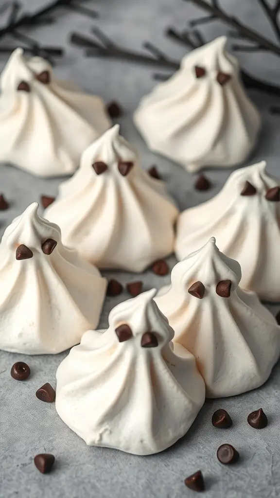 A plate of ghost-shaped meringue cookies with chocolate chip eyes, surrounded by chocolate chips and twigs.