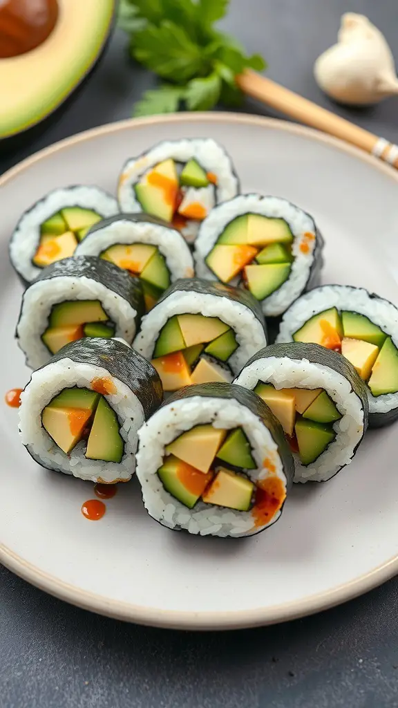 A plate of sushi rolls with avocado and cucumber, drizzled with sauce.
