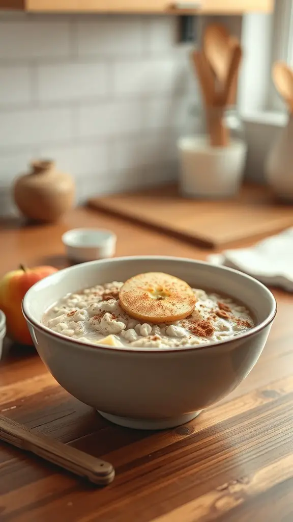 A bowl of oatmeal topped with a slice of apple and sprinkled with cinnamon, placed on a wooden table.