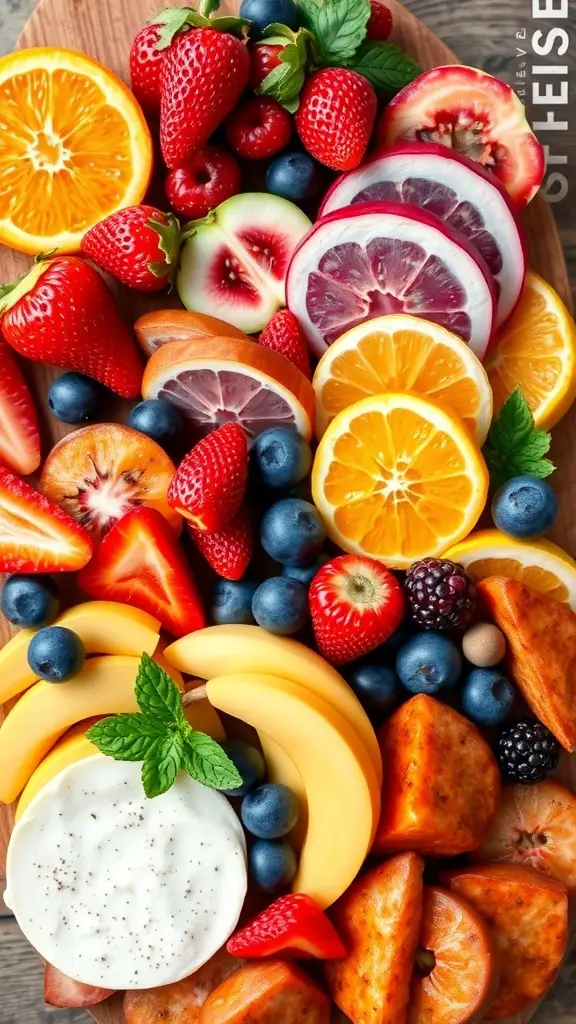 A colorful assortment of seasonal fresh fruits on a charcuterie board, including strawberries, blueberries, oranges, and bananas.