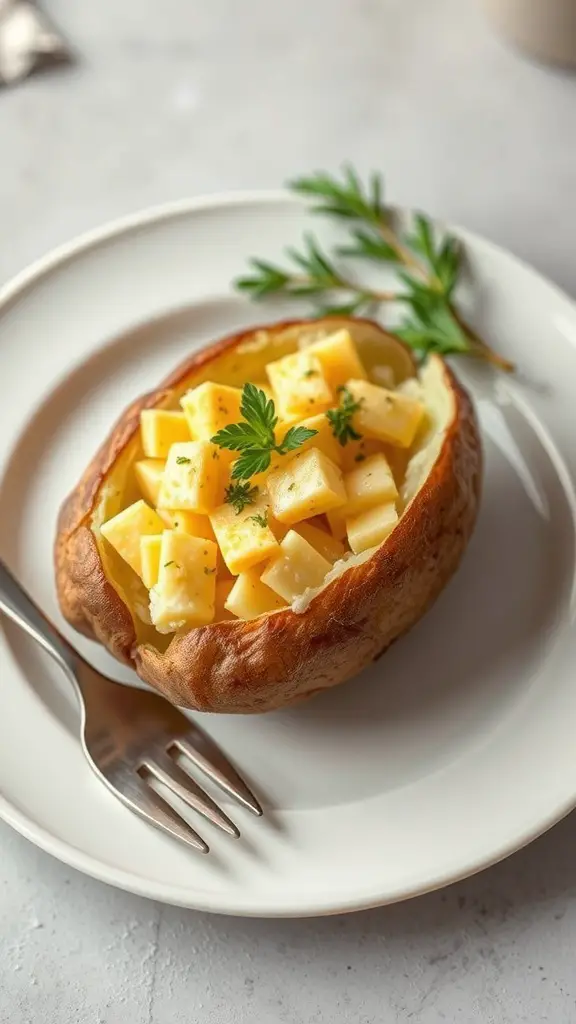 A twice-baked potato filled with cheddar cheese and garnished with herbs on a plate.