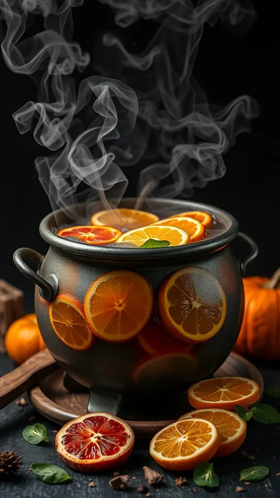 A cauldron filled with orange slices and steam, representing a Halloween punch.