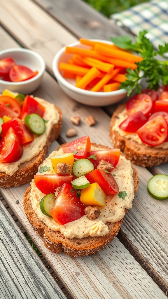 Rye bread topped with hummus and colorful vegetables on a wooden table