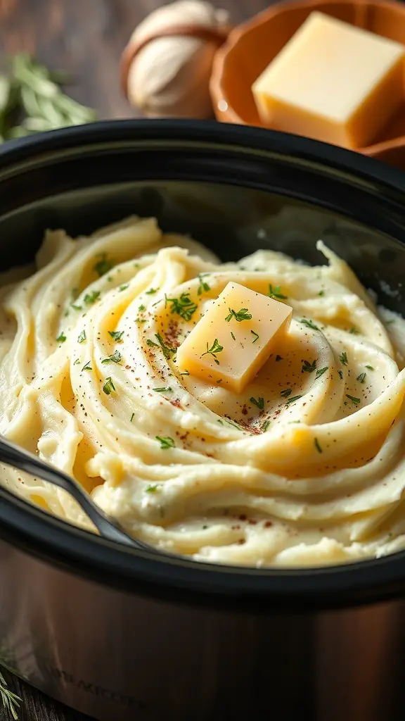 A bowl of creamy herbed garlic mashed potatoes topped with a pat of butter and sprinkled with herbs.