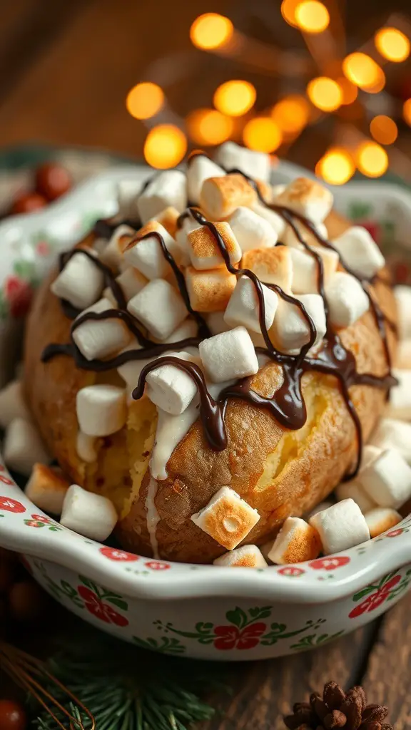 A dessert baked potato topped with marshmallows and chocolate sauce in a festive bowl