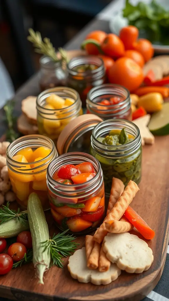 A wooden charcuterie board featuring jars of pickled vegetables, fresh tomatoes, and crackers.