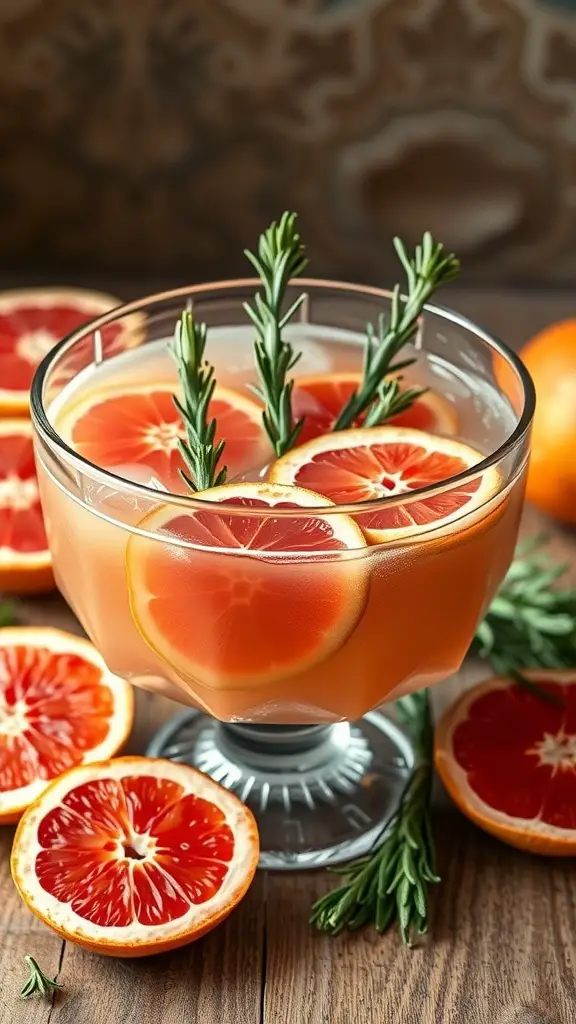 A bowl of Sparkling Grapefruit and Rosemary punch garnished with rosemary sprigs and grapefruit slices.