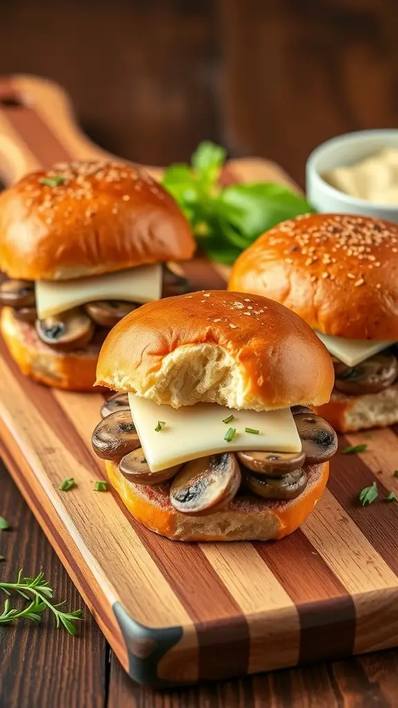 Mushroom and Swiss sliders on a wooden cutting board
