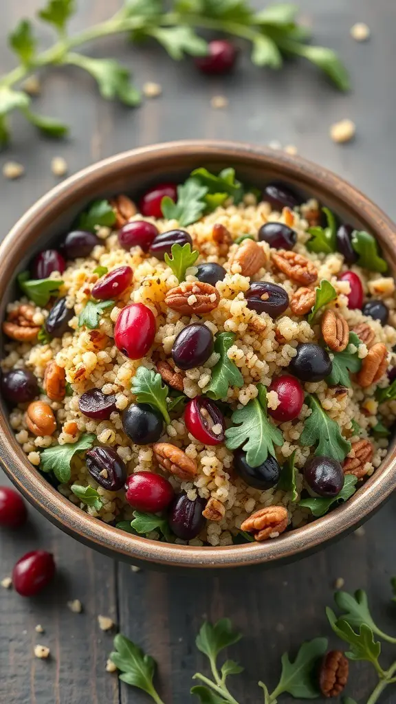 A bowl of Nutty Quinoa Salad with cranberries, nuts, and greens.