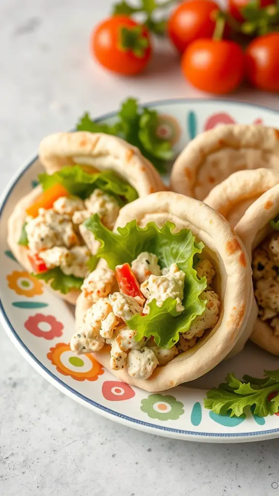 Mini pita pockets filled with tuna salad, garnished with lettuce and served on a colorful plate with cherry tomatoes in the background.